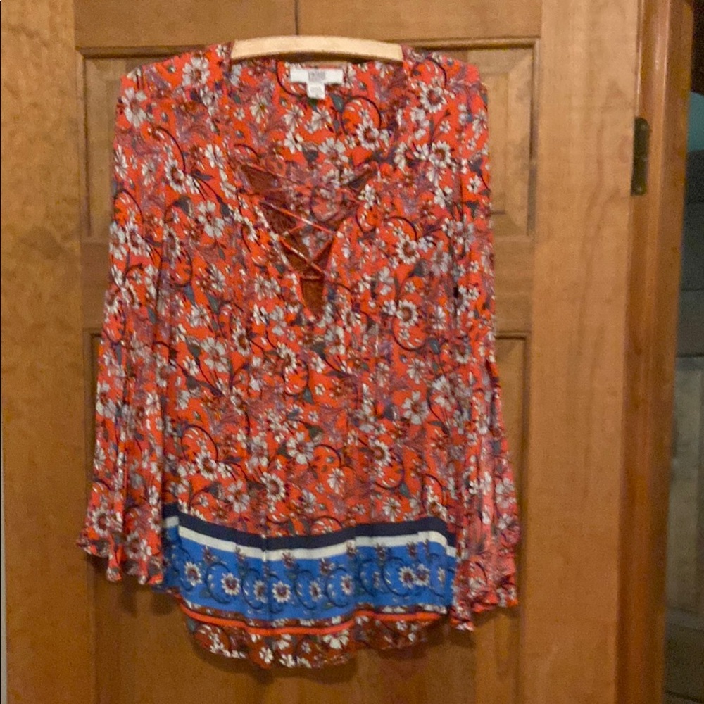 Vintage America Orange Graphic Tie Front Blouse